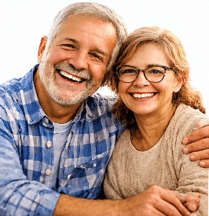 A happy, middle-aged couple with graying hair embracing warmly.