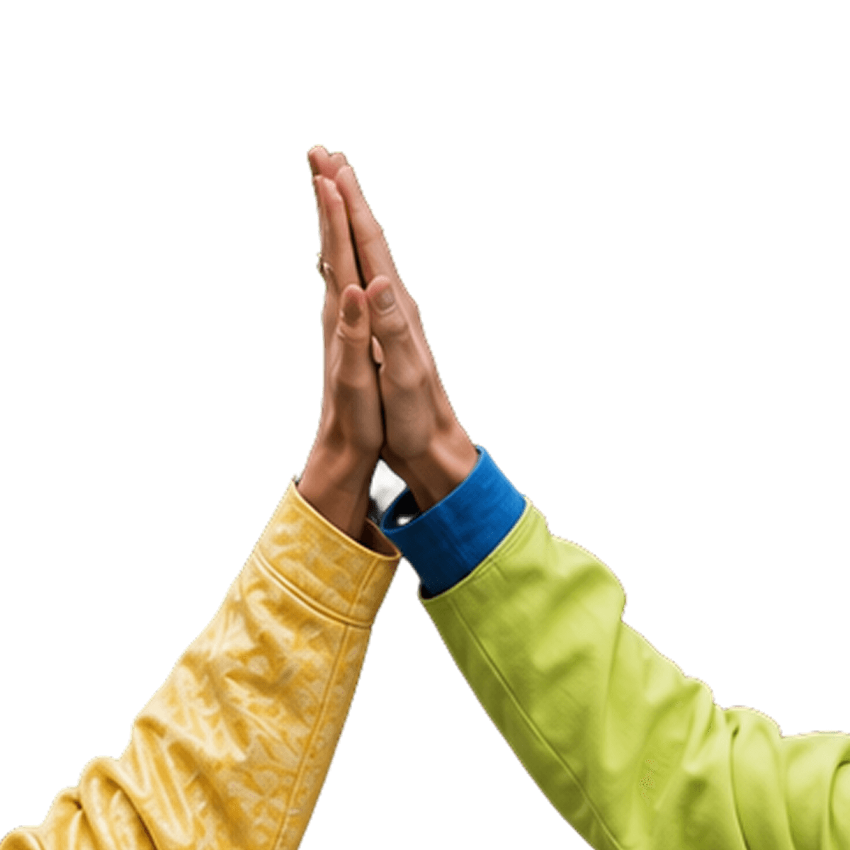 Two hands, one in yellow and one in green, touching palms in an upright high-five gesture.