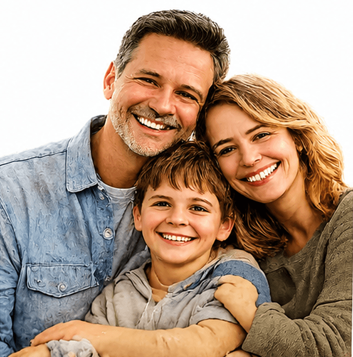 A smiling family of three, including a father, mother, and young son, huddled together.