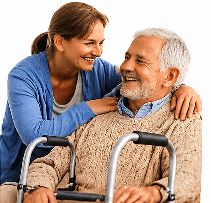 A smiling middle-aged woman in a blue cardigan affectionately embraces an elderly man with a white beard who is using a walker.