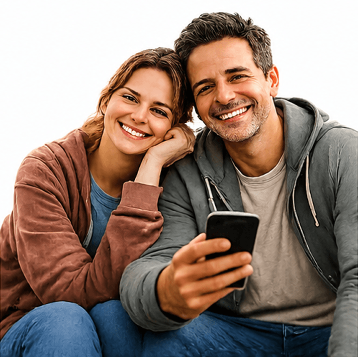 A smiling couple in casual hoodies sits close together, looking at a smartphone.
