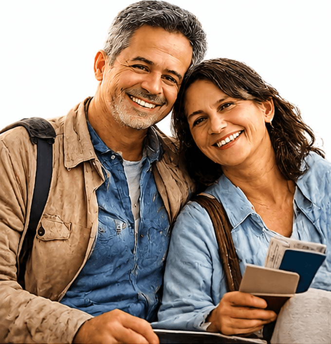A smiling middle-aged couple in casual travel attire holds passports.