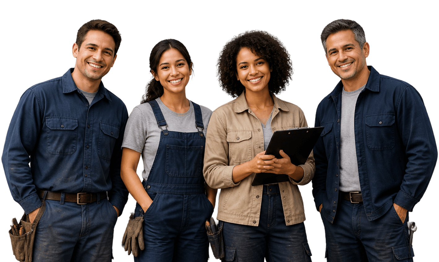 Four smiling and diverse skilled workers, two men and two women in work uniforms, one woman holding a clipboard.