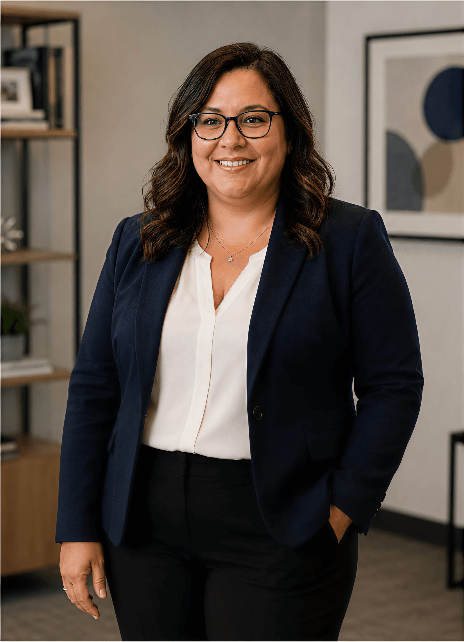 Smiling professional woman in glasses, navy blazer, and white blouse in a modern office.