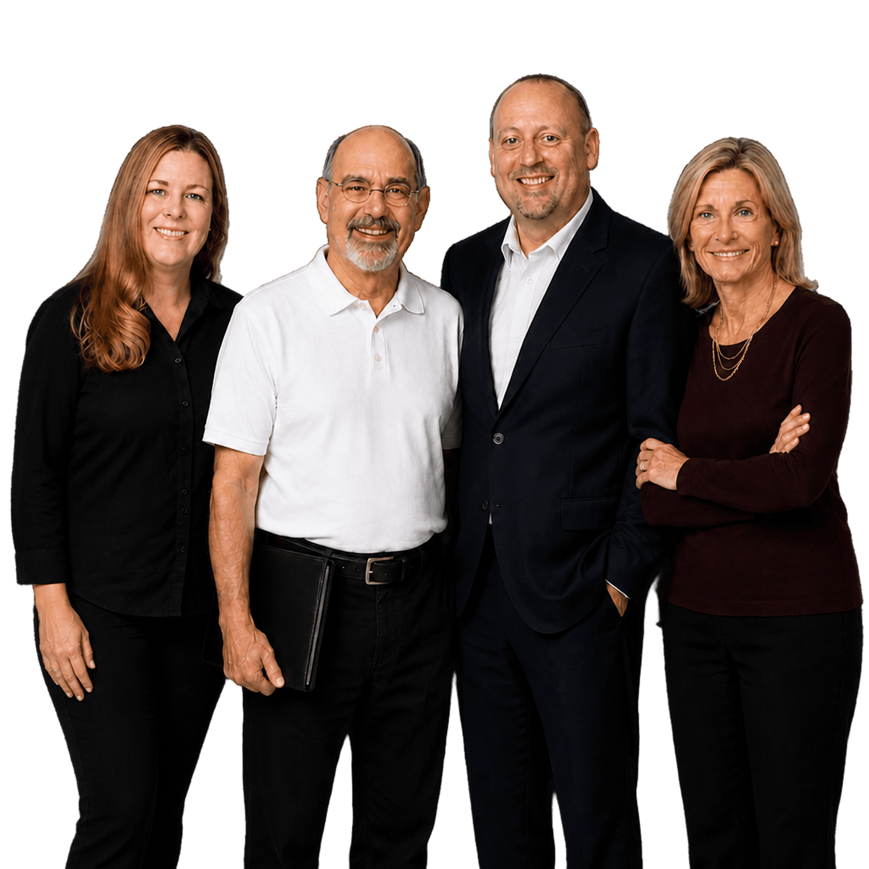 Four smiling professionals, two men and two women, in business and business casual attire.