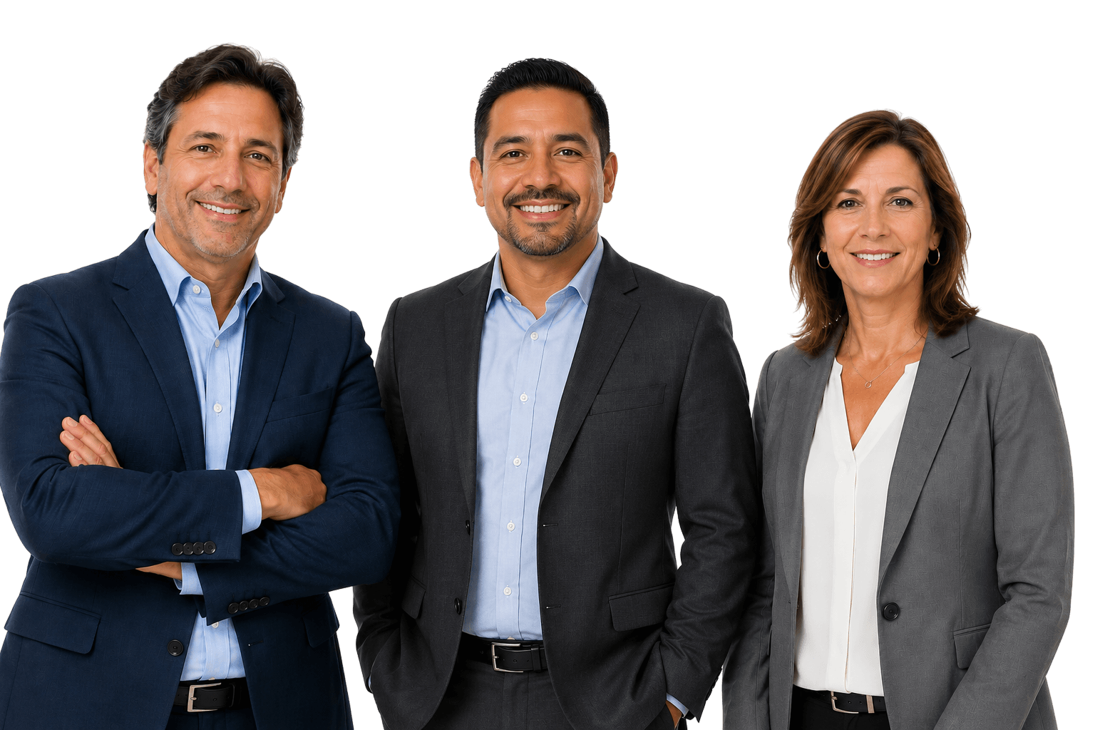 Three smiling business professionals, two men and one woman, in professional business attire.