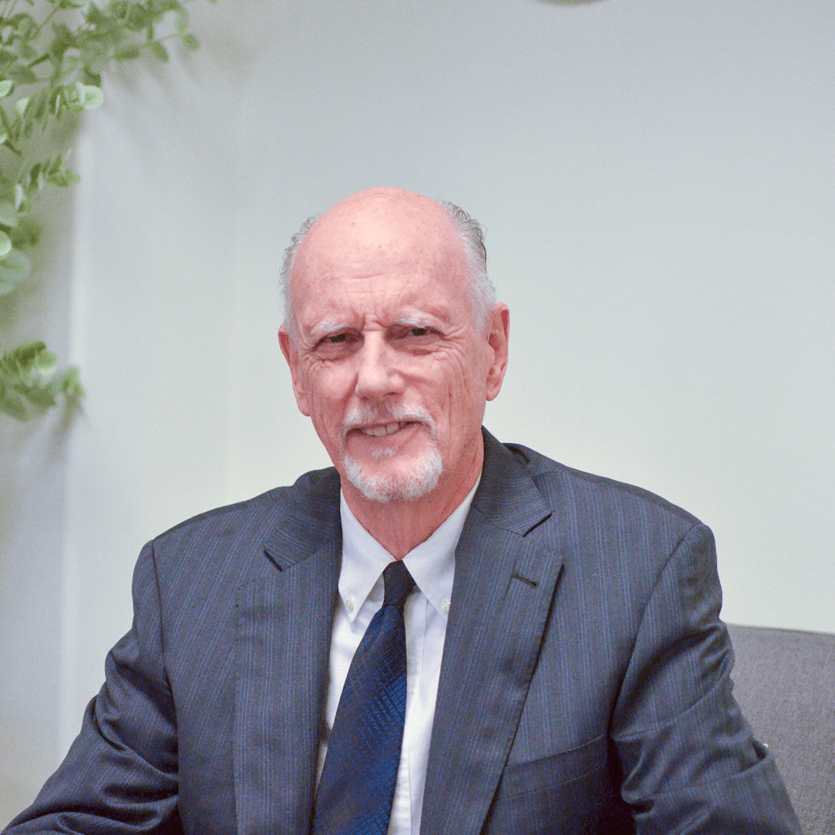 A smiling senior man with a bald head and white goatee wearing a dark suit and blue tie, seated in front of a light wall with a plant.