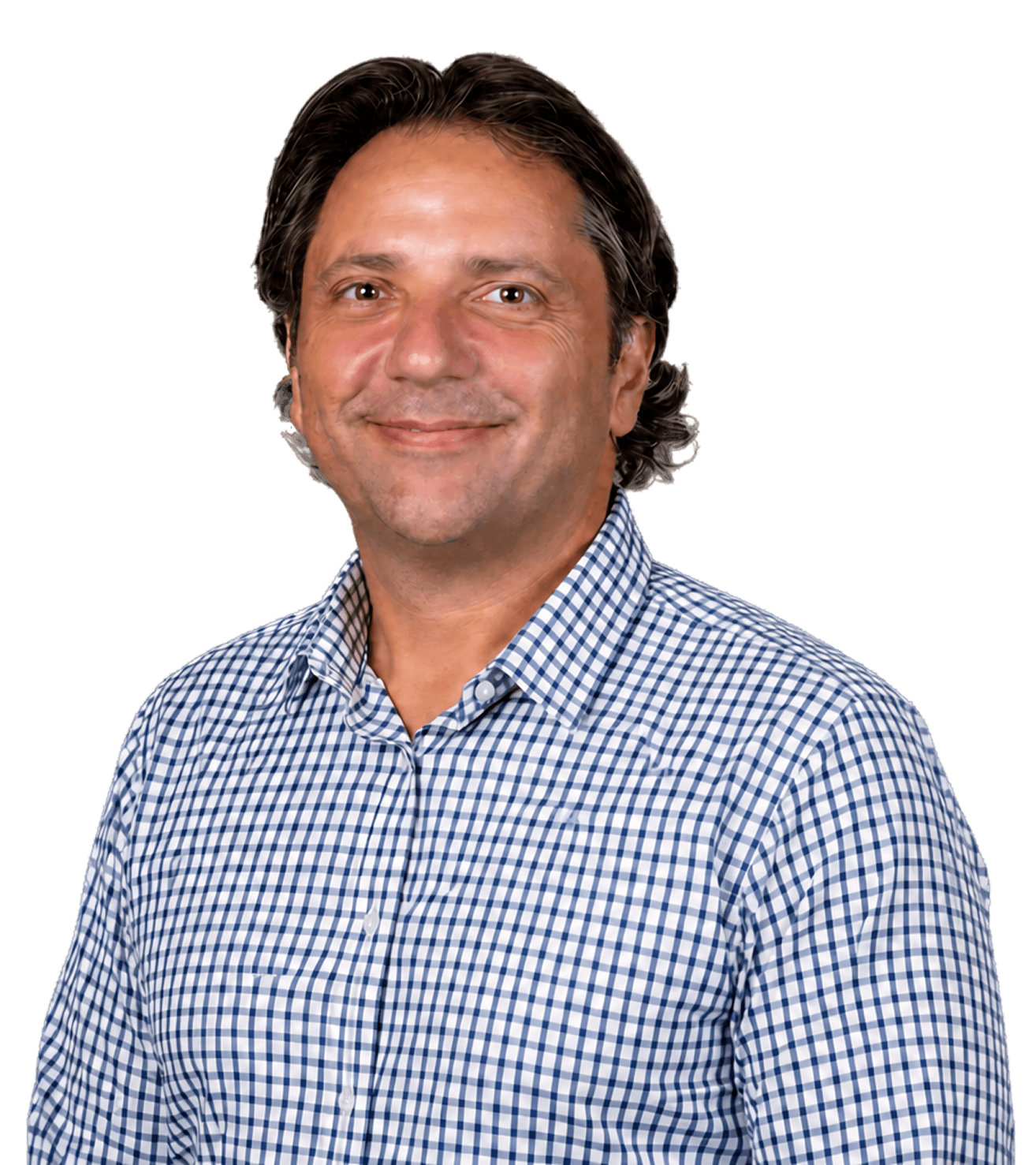 Smiling man with dark hair wearing a blue and white checkered shirt.