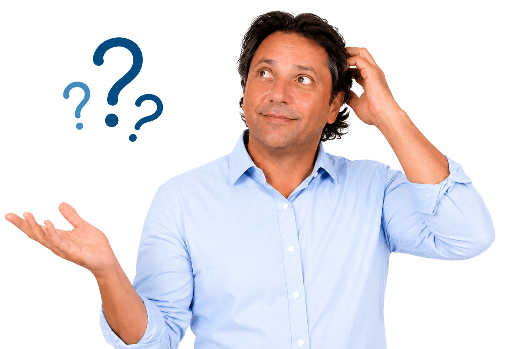A thoughtful man in a light blue shirt scratching his head, looking up, with an open hand and three blue question marks, conveying puzzlement or inquiry.