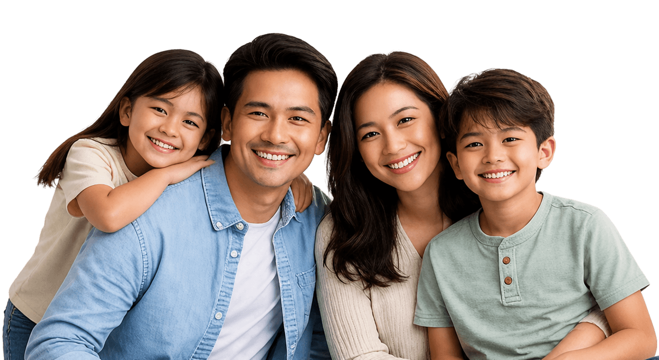 A happy Asian family with two smiling children and their parents looking at the camera.