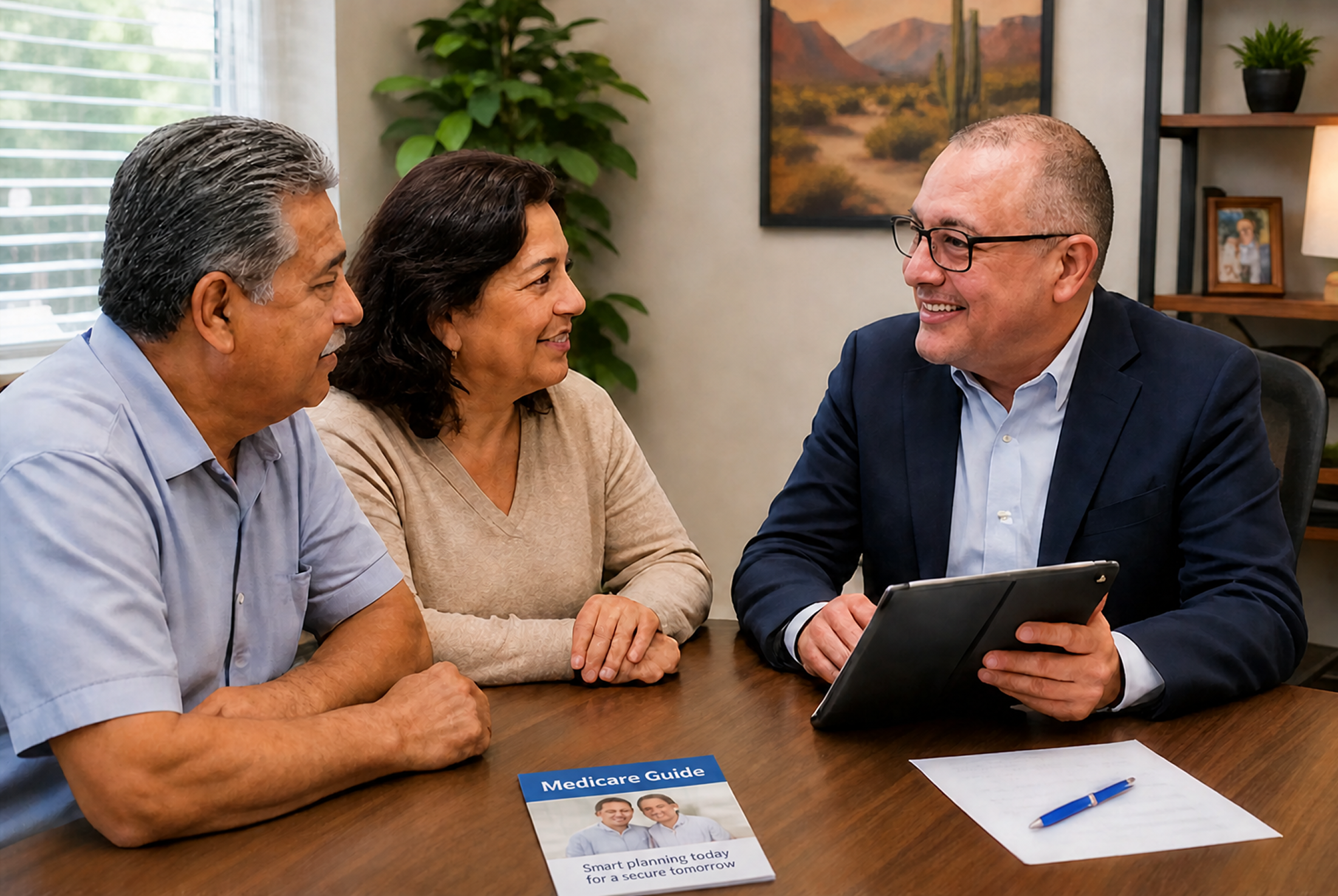An advisor shows an older couple information on a tablet at a table with a Medicare Guide booklet.