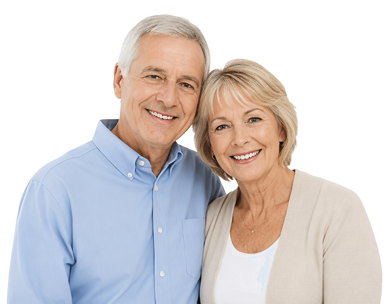Smiling middle-aged couple, man in blue collared shirt and woman in beige cardigan.