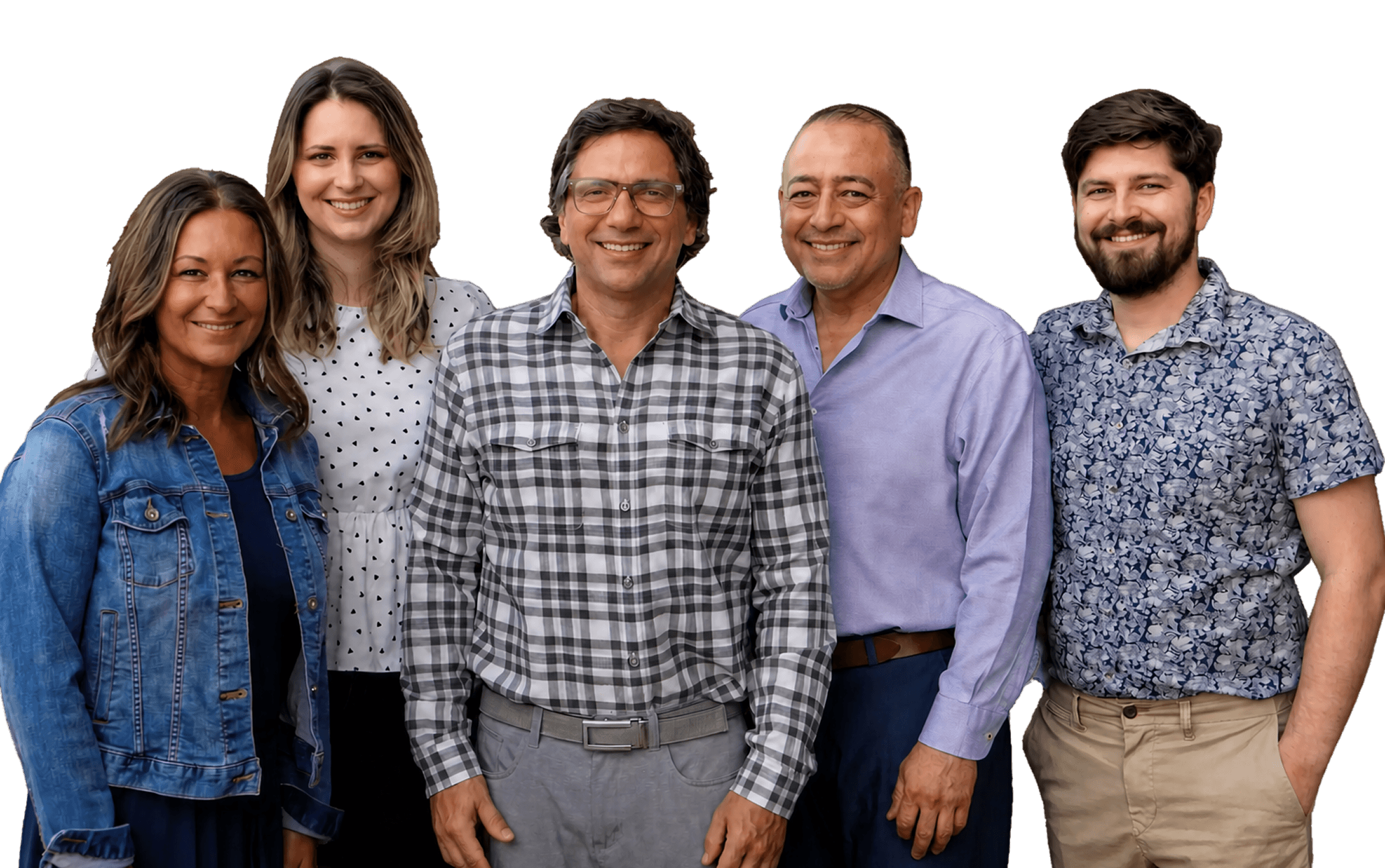A team of five smiling professionals: two women and three men, standing together.