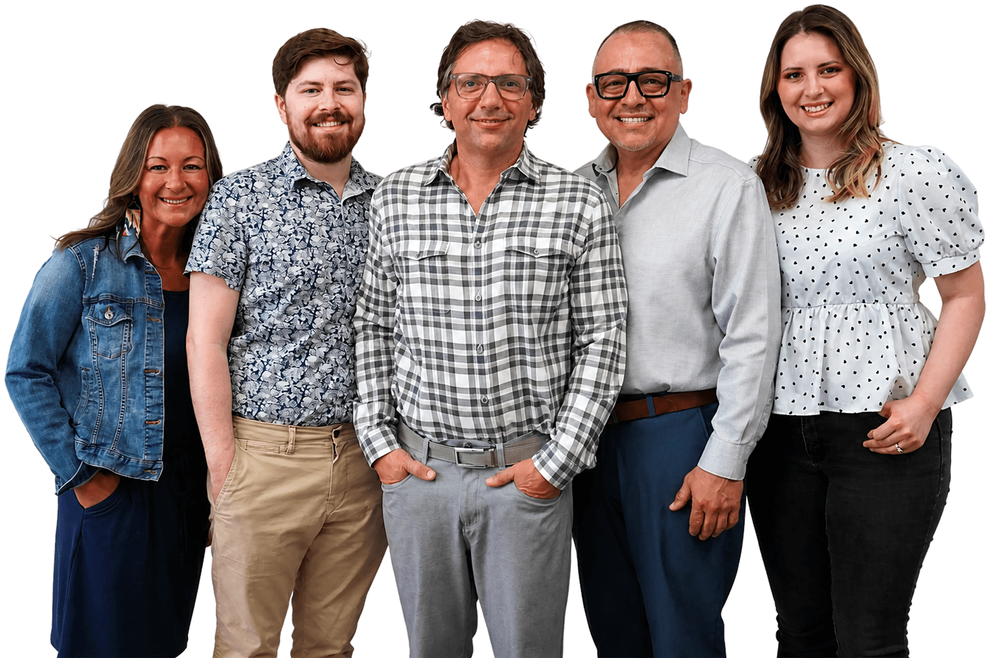 Five smiling professionals, three men and two women, dressed in smart casual attire, standing side-by-side and looking at the camera.