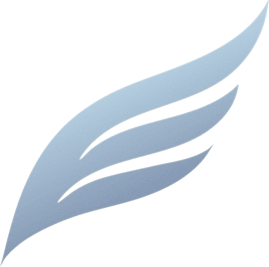 Abstract minimalist graphic featuring overlapping, translucent light blue leaf-like shapes with soft edges against a solid black background, conveying a clean and modern aesthetic.